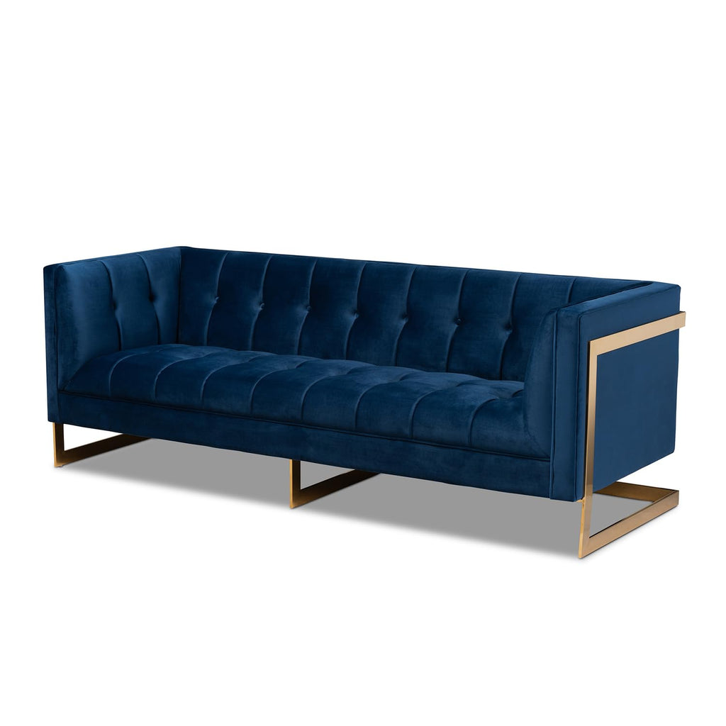 Navy Blue Velvet Button Tufted Gold Sofa H7081