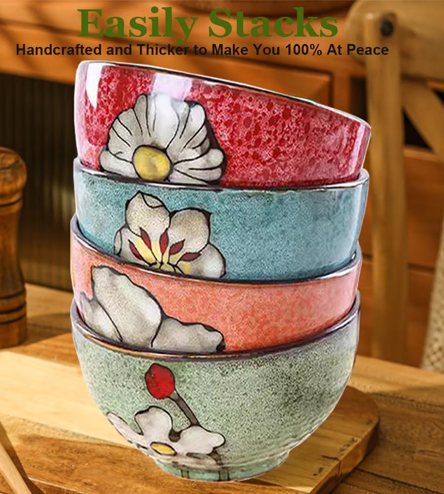 Ceramic Cereal Bowl Set of 4, 28oz Floral Pattern, Microwave Safe L174