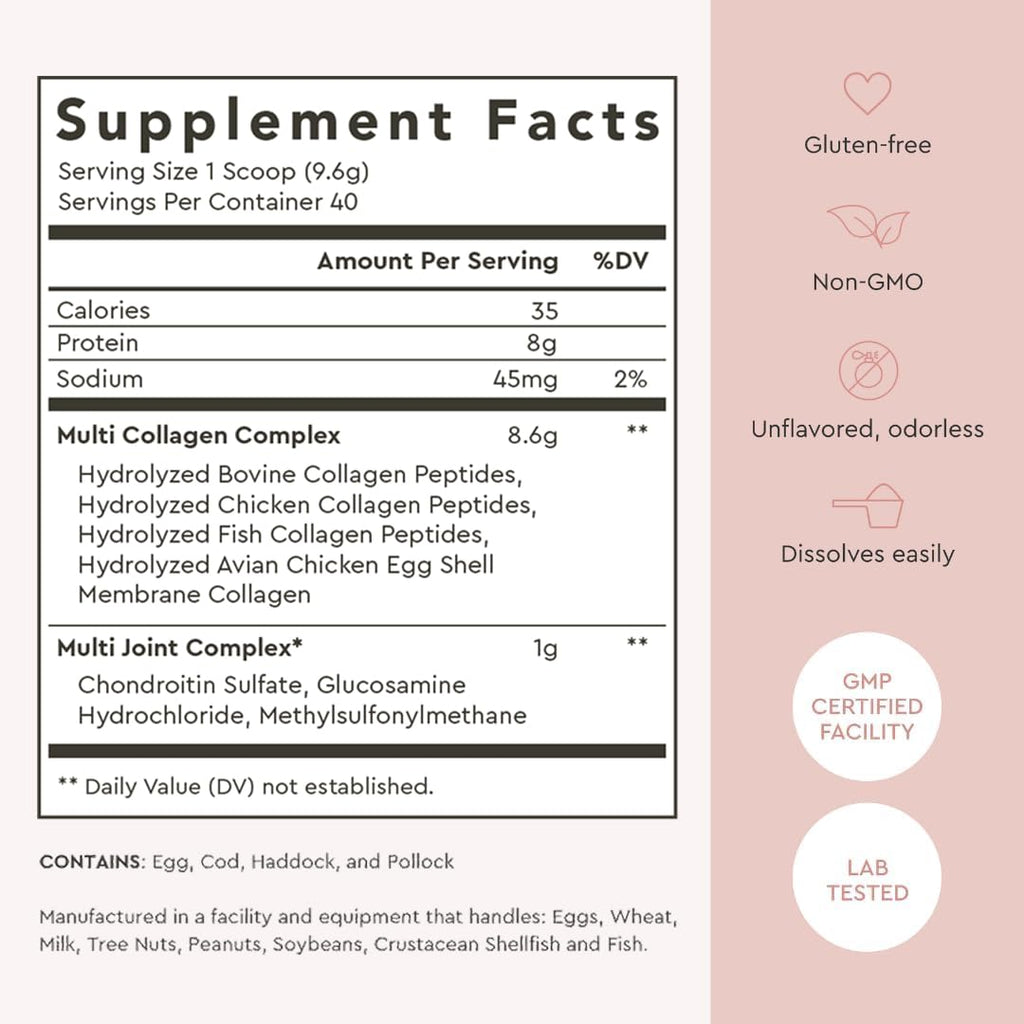Multi Collagen Powder Type I II III V X Hydrolyzed Collagen Peptides MSM Unflavored 40 Servings H69455