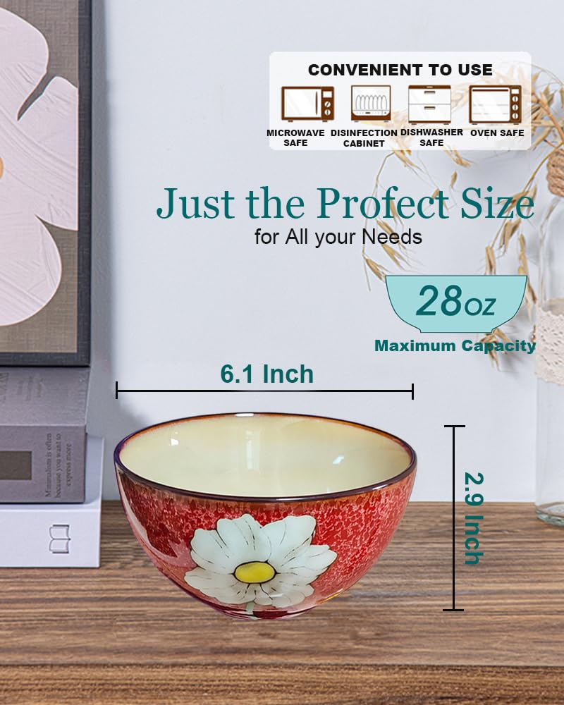 Ceramic Cereal Bowl Set of 4, 28oz Floral Pattern, Microwave Safe L174