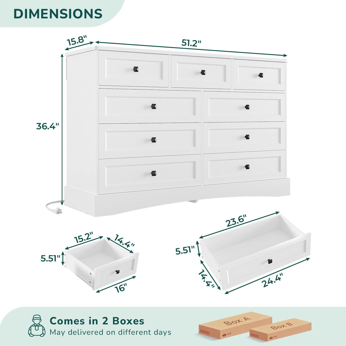 White 9 Drawer Wood Dresser with Charging Station W967596
