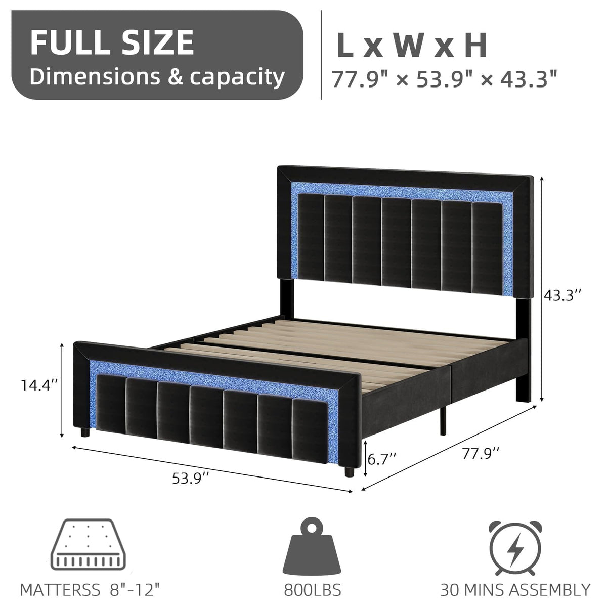 Full Size Velvet Upholstered Bed Frame with LED Lights N515160