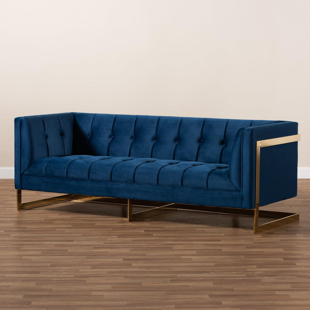 Navy Blue Velvet Button Tufted Gold Sofa H7081