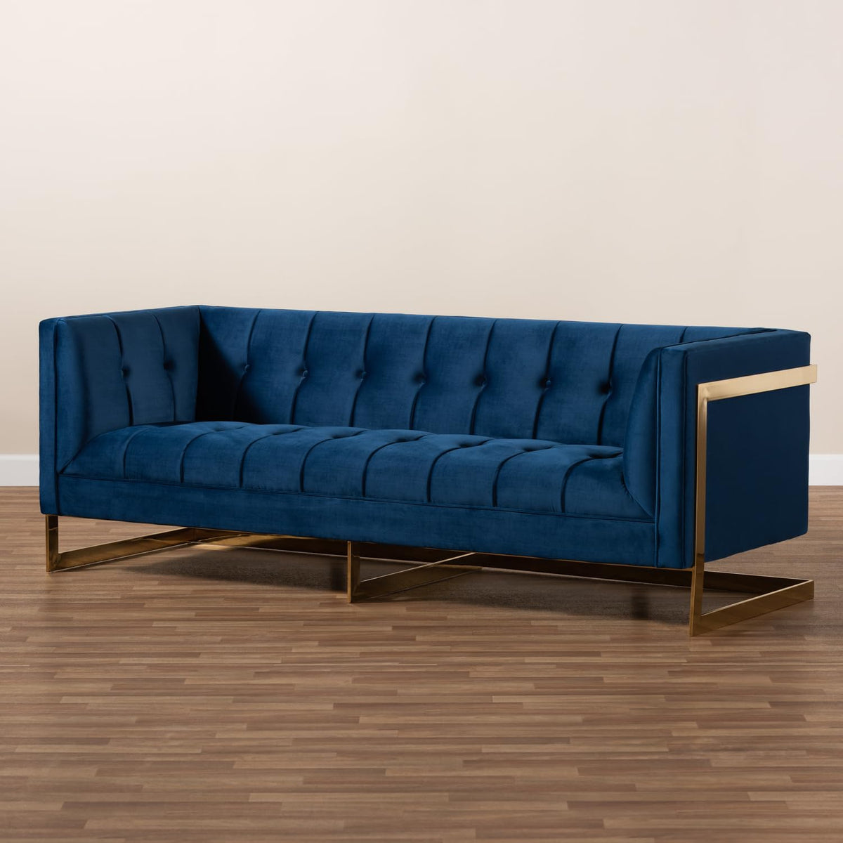 Navy Blue Velvet Button Tufted Gold Sofa H7081