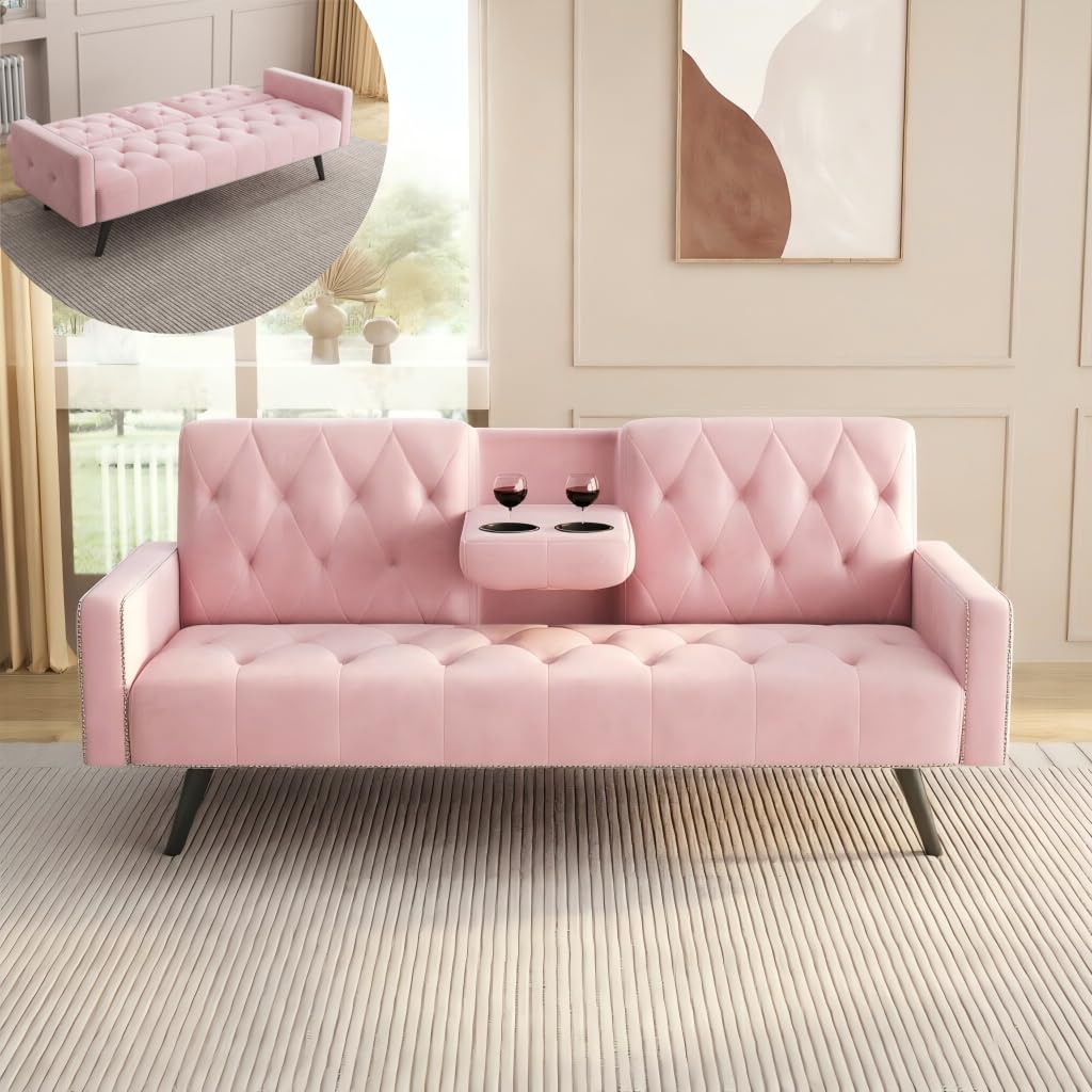Pink Velvet Convertible Sofa Bed with Cup Holders X63536