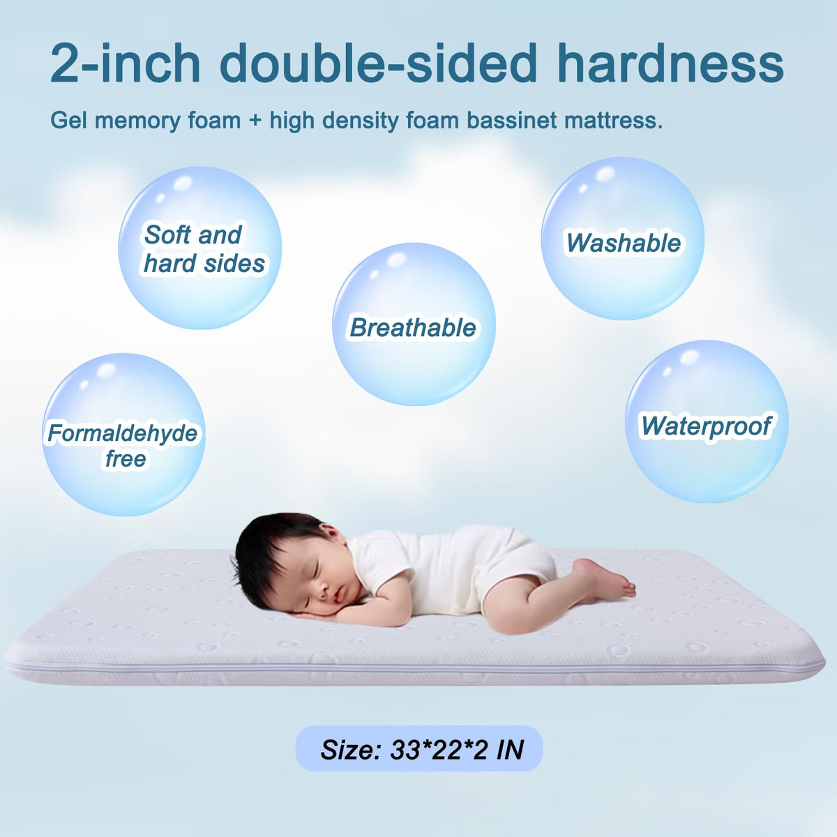 Baby Bassinet Mattress, 42" x 24" x 2" Dual Sided Gel Memory Foam with Removable Cover A308