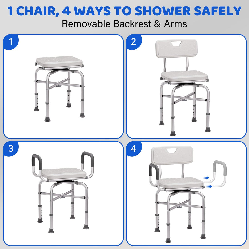 360° Swivel Shower Chair with Arms and Back, Adjustable Non-Slip C199440