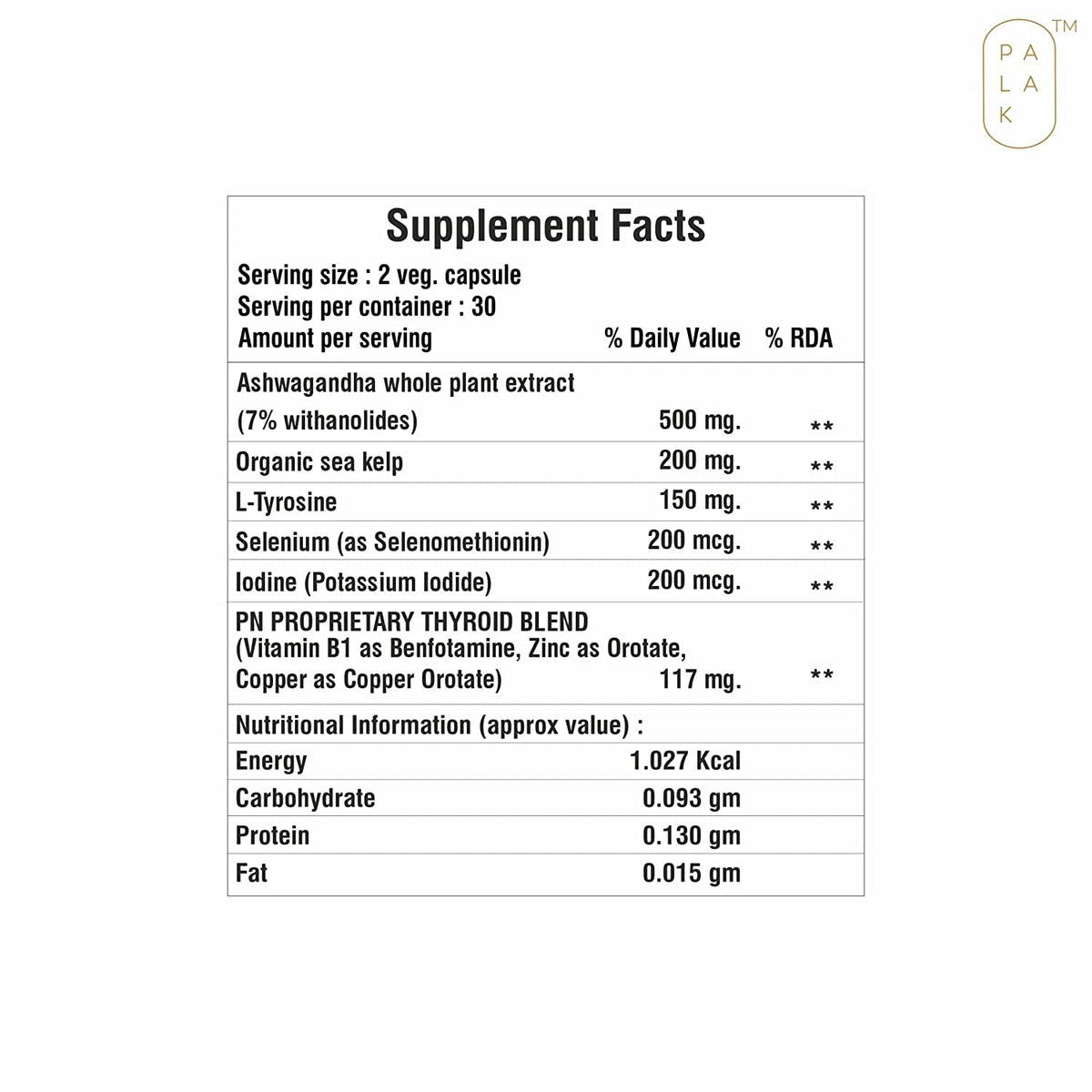 Selenium Sea Kelp L-Tyrosine Zinc Ashwagandha B1 60 Capsules O920627