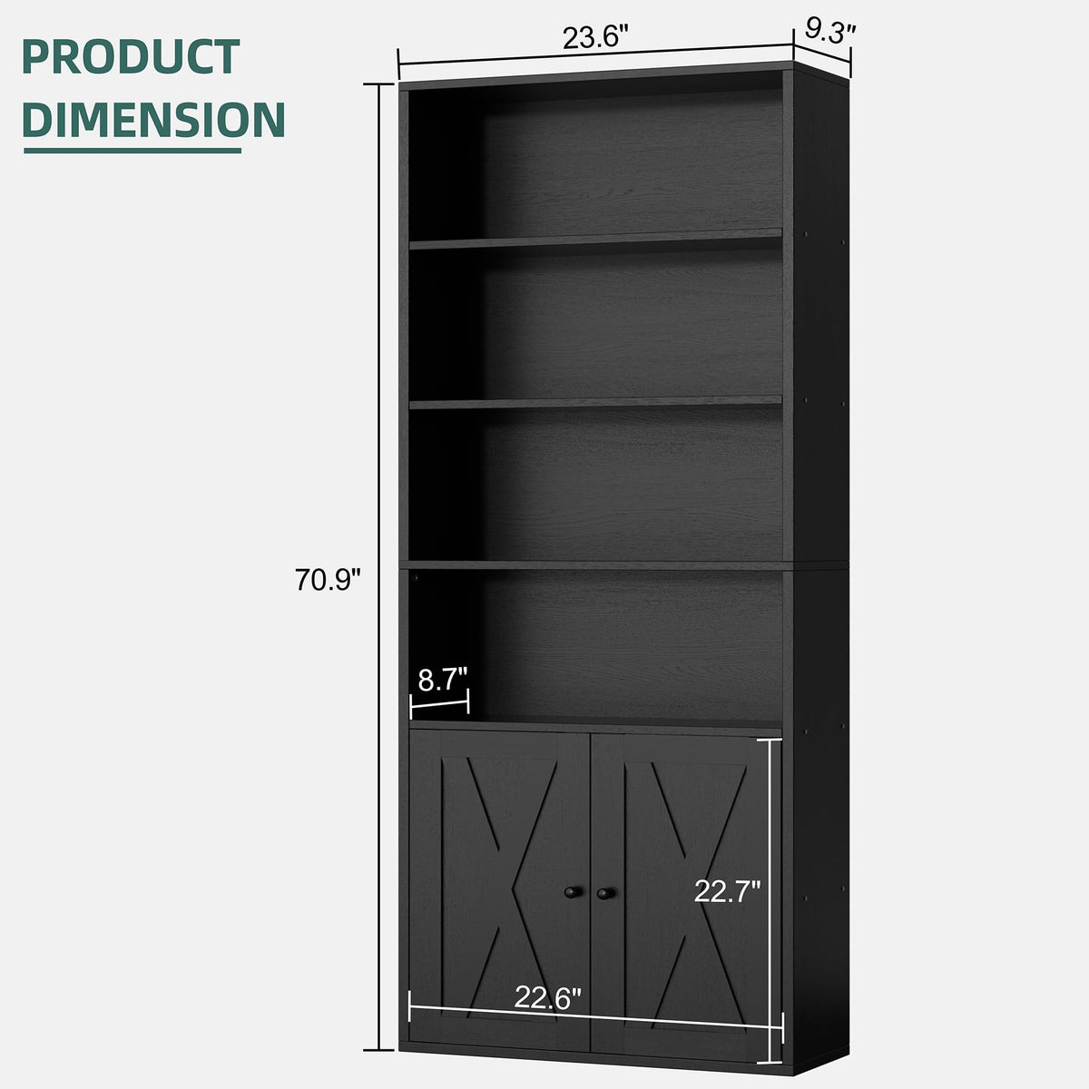 Black 6 Shelf Bookshelf with Doors M7961
