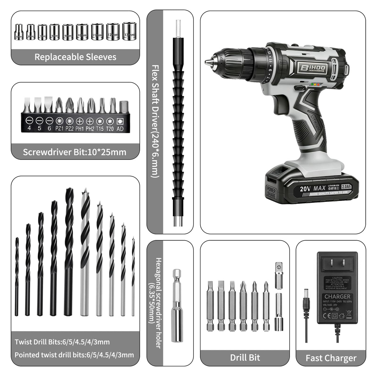 Cordless Drill with 25Nm max, Drill Bits Kit, Gray S12216