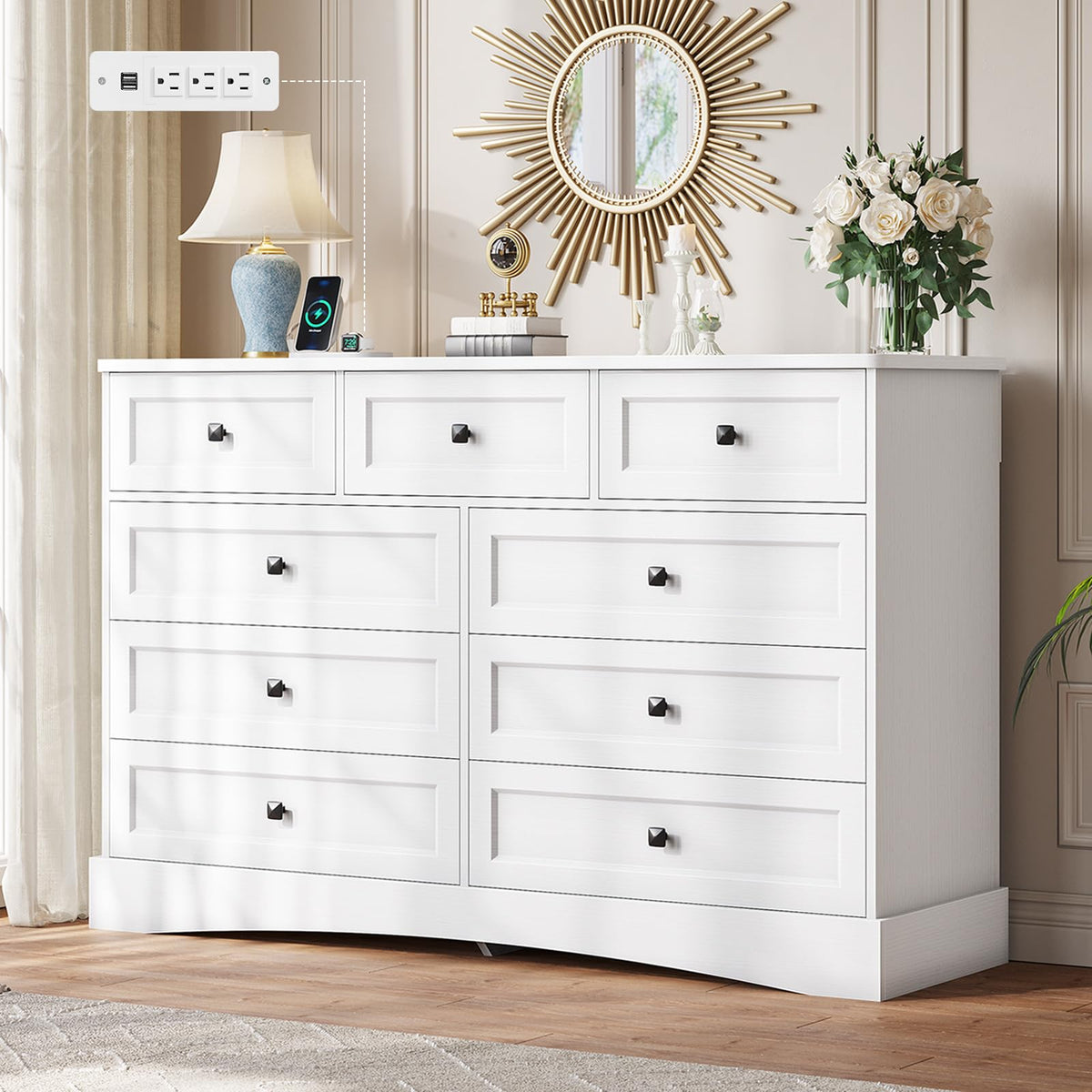 White 9 Drawer Wood Dresser with Charging Station W967596