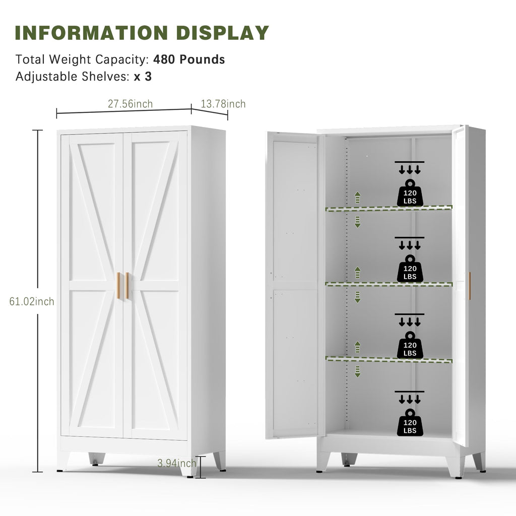 White Farmhouse Storage Kitchen Pantry Cabinet with 2 Barn Door, 3 Adjustable Shelves and Legs T416049