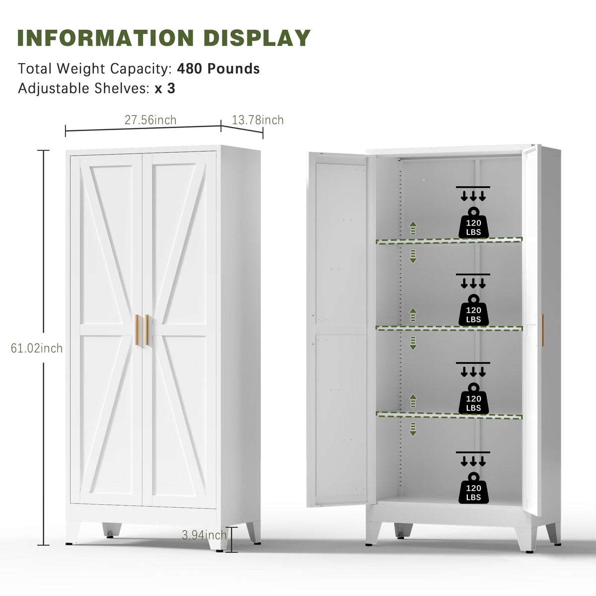 White Farmhouse Storage Kitchen Pantry Cabinet with 2 Barn Door, 3 Adjustable Shelves and Legs T416049
