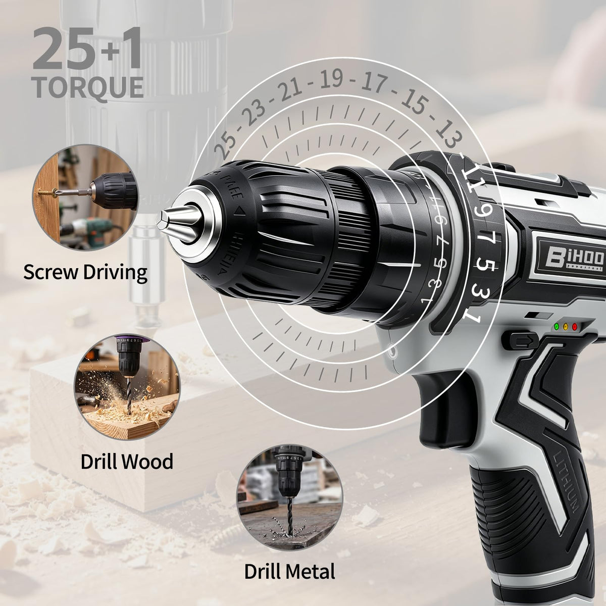Cordless Drill with 25Nm max, Drill Bits Kit, Gray S12216