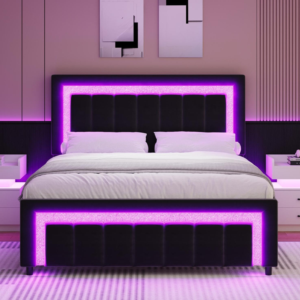 Full Size Velvet Upholstered Bed Frame with LED Lights N515160