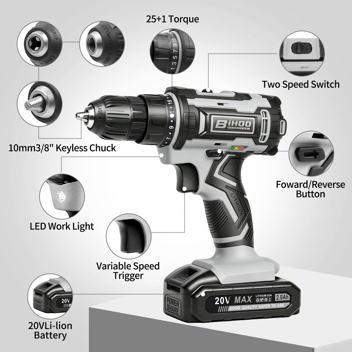 Cordless Drill with 25Nm max, Drill Bits Kit, Gray S12216