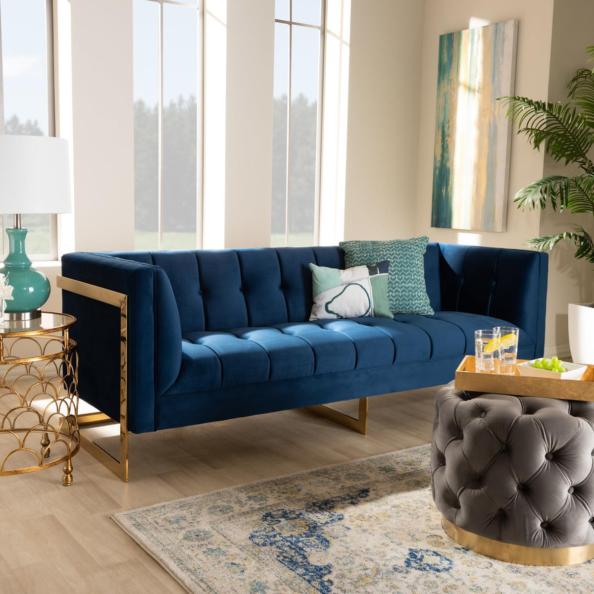 Navy Blue Velvet Button Tufted Gold Sofa H7081