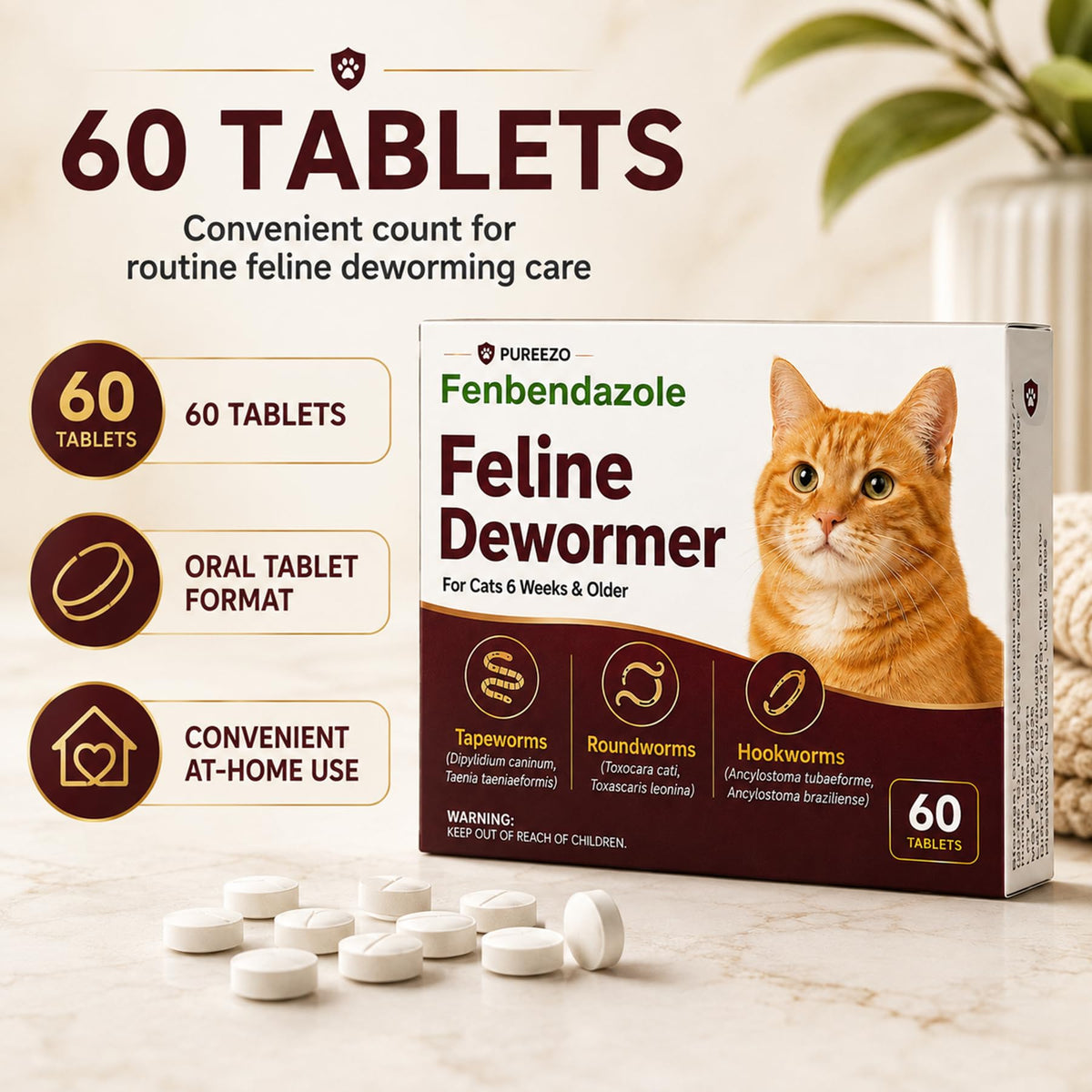 Cat Dewormer Tablets for Tapeworms, Roundworms & Hookworms D932