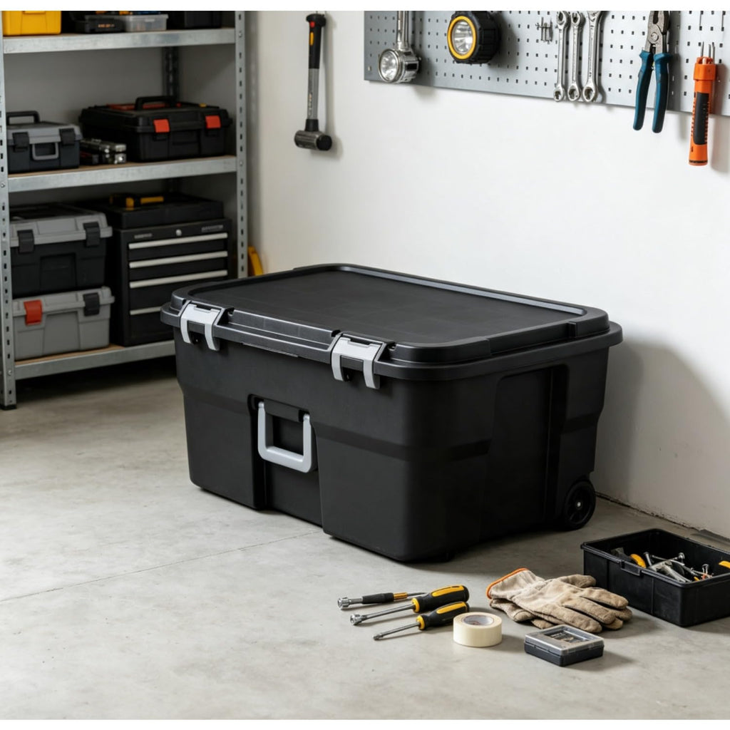 Black Lockable Wheeled Plastic Storage Footlocker O427848