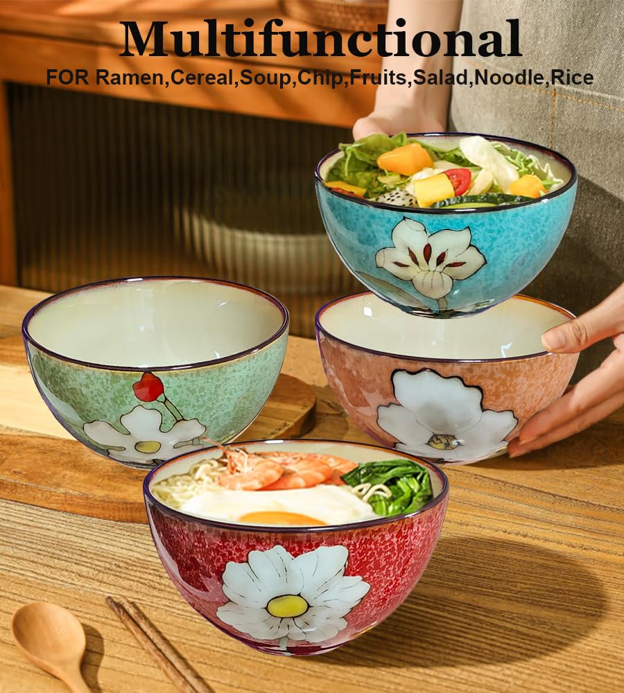 Ceramic Cereal Bowl Set of 4, 28oz Floral Pattern, Microwave Safe L174
