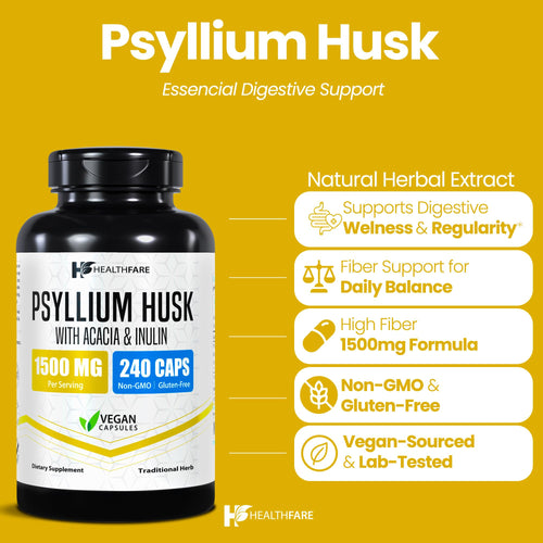 1500mg 240 Vegan Capsules Psyllium Husk Fiber Supplement S7469