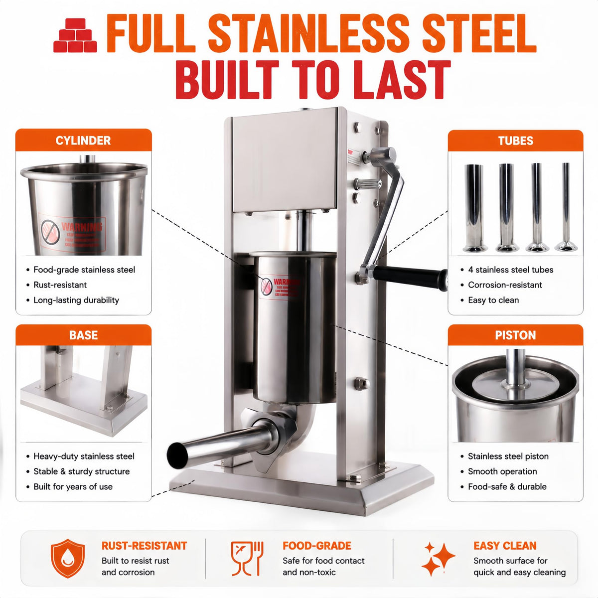 3L Stainless Steel Manual Sausage Stuffer with 4 Tubes G538118