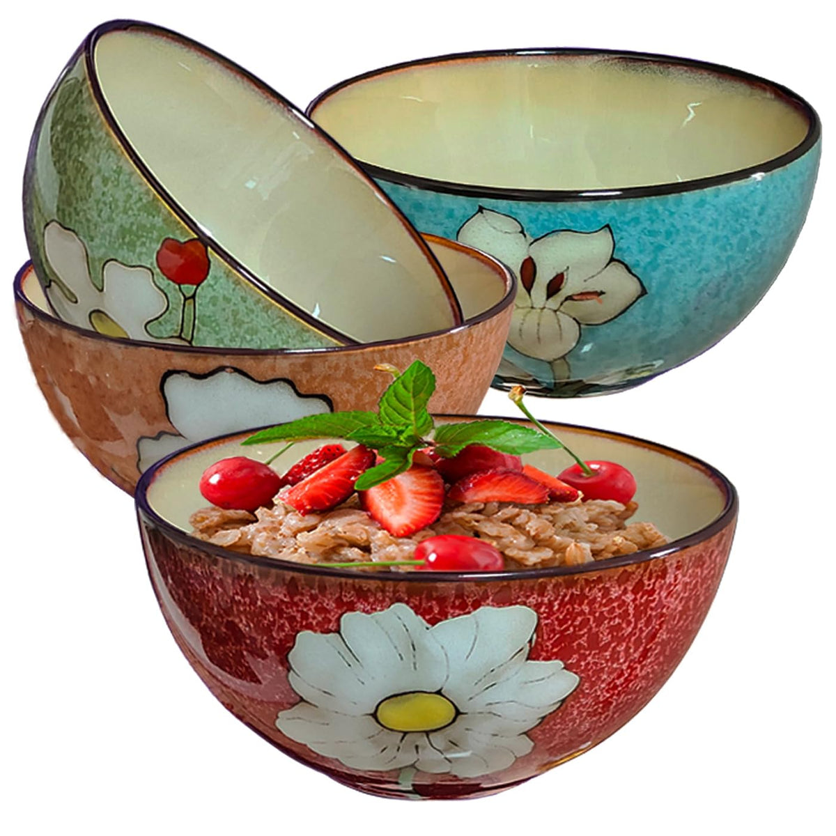 Ceramic Cereal Bowl Set of 4, 28oz Floral Pattern, Microwave Safe L174