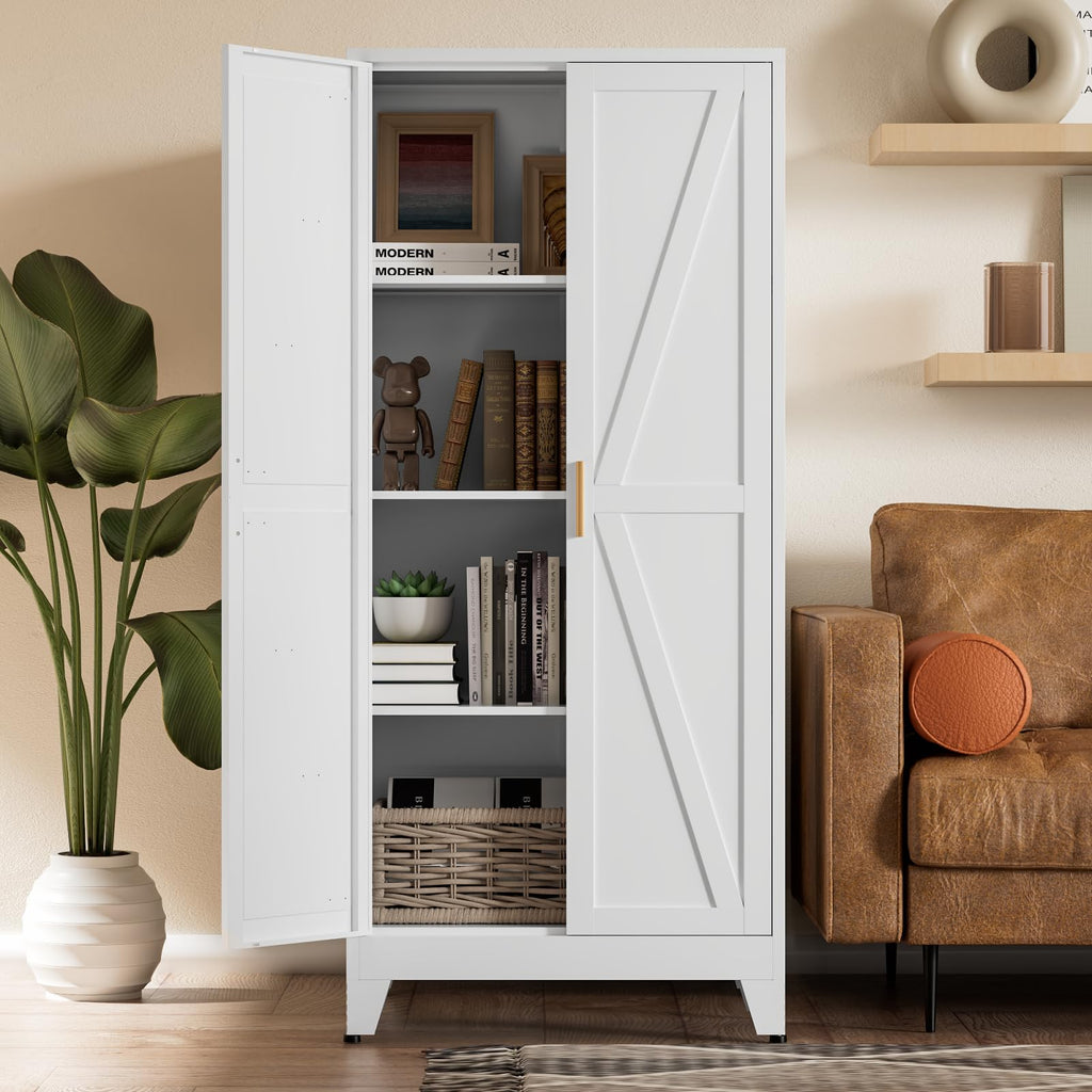 White Farmhouse Storage Kitchen Pantry Cabinet with 2 Barn Door, 3 Adjustable Shelves and Legs T416049