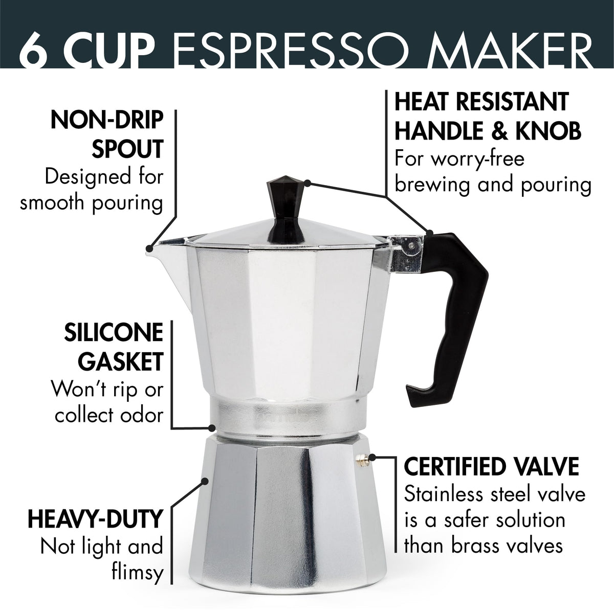 Stovetop Espresso and Coffee Maker, 6 Espresso Cups, Silver E32846