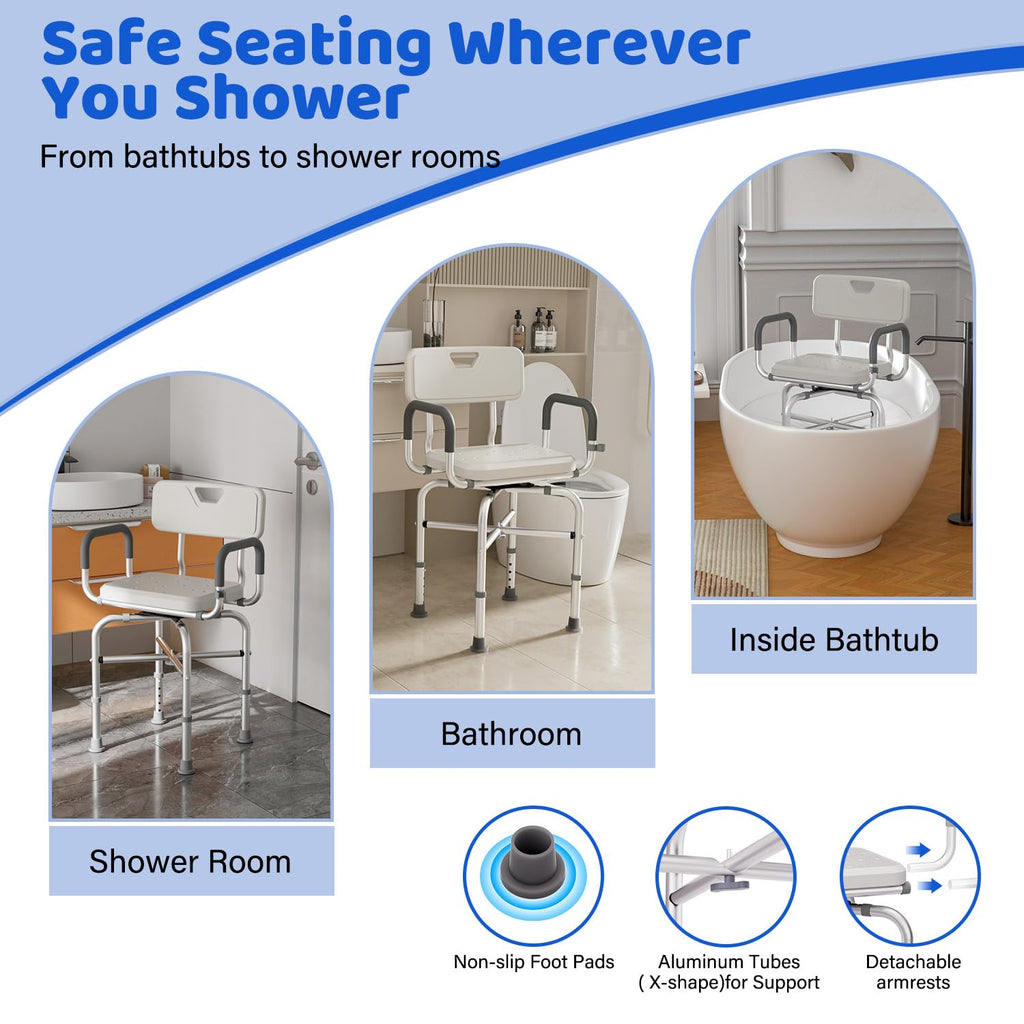 360° Swivel Shower Chair with Arms and Back, Adjustable Non-Slip C199440