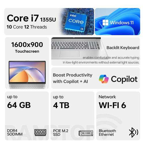 17.3" HD+ Touchscreen Laptop, 12th Gen Intel Core i7, 64GB RAM, 2TB SSD, Silver H167