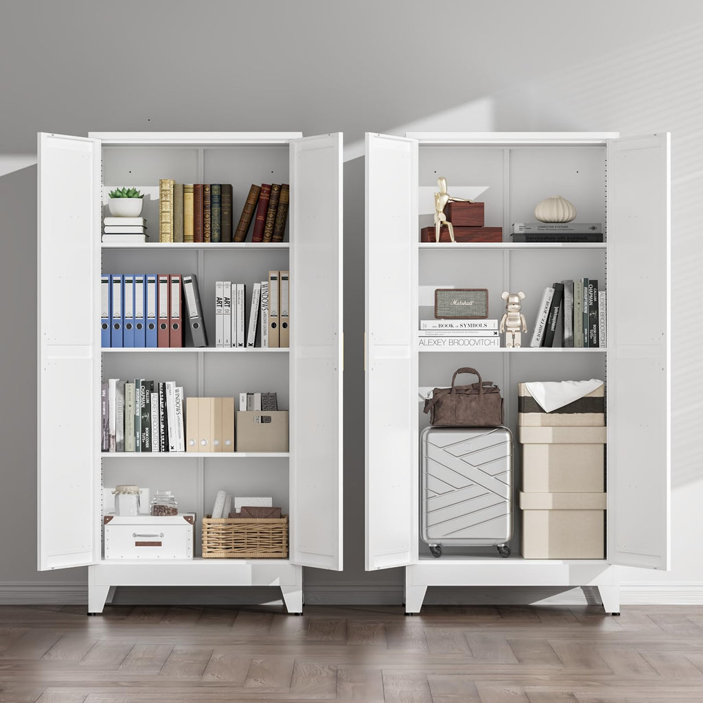 White Farmhouse Storage Kitchen Pantry Cabinet with 2 Barn Door, 3 Adjustable Shelves and Legs T416049