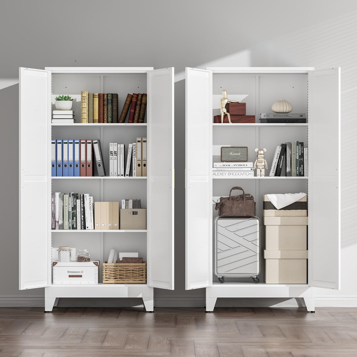 White Farmhouse Storage Kitchen Pantry Cabinet with 2 Barn Door, 3 Adjustable Shelves and Legs T416049