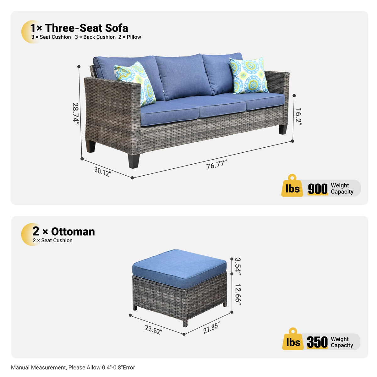 3 Pieces Wicker Patio Sofa Set with Ottomans Denim Blue R4374