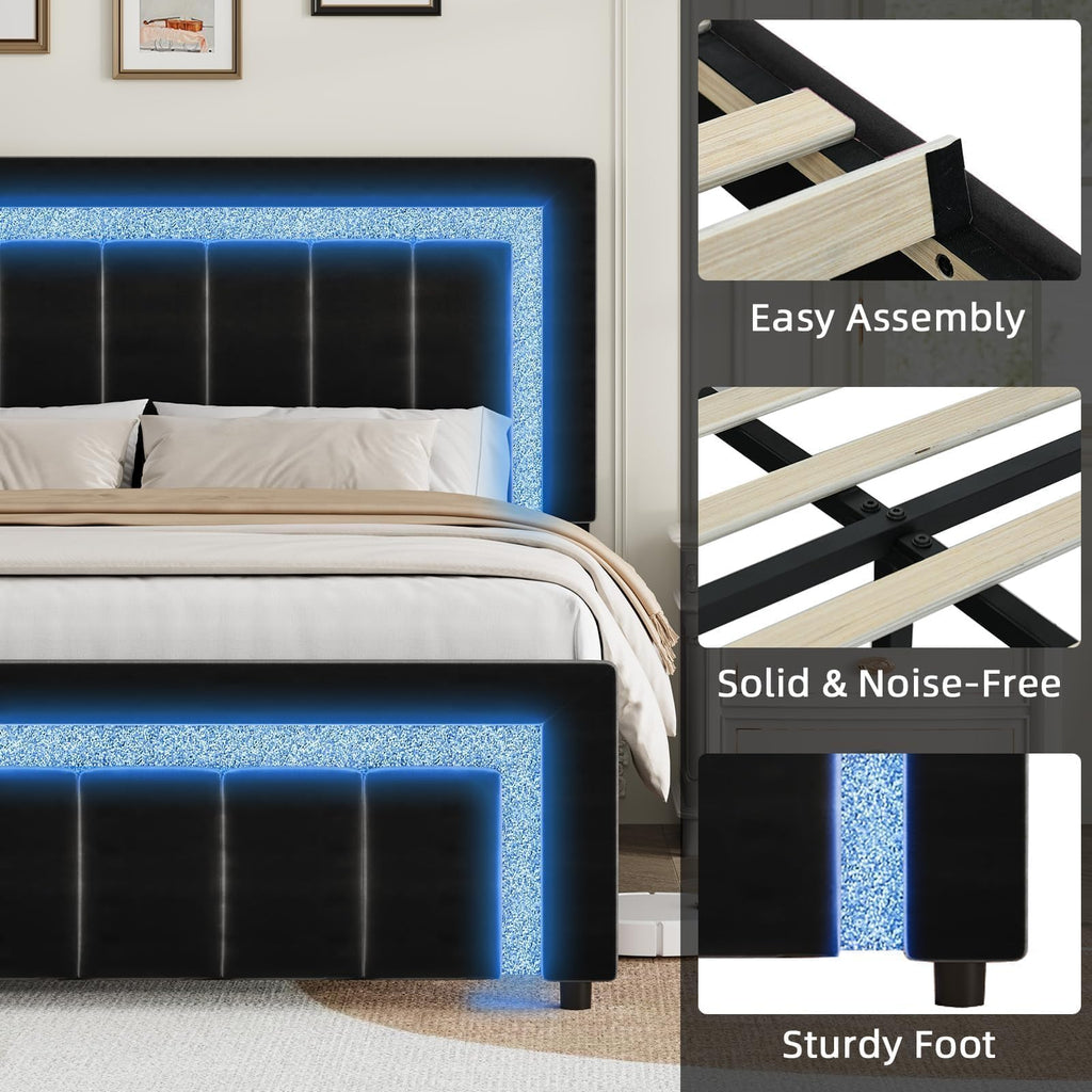 Full Size Velvet Upholstered Bed Frame with LED Lights N515160