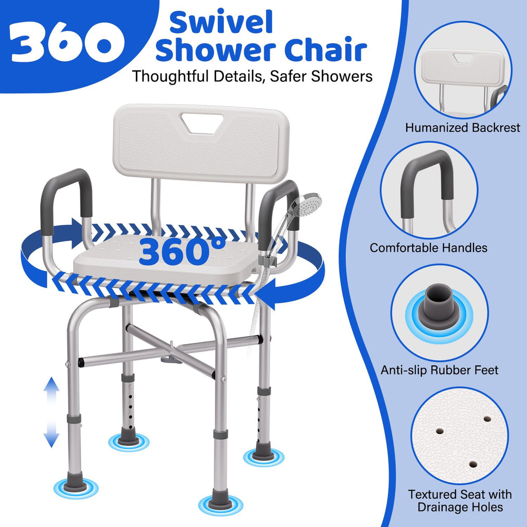 360° Swivel Shower Chair with Arms and Back, Adjustable Non-Slip C199440