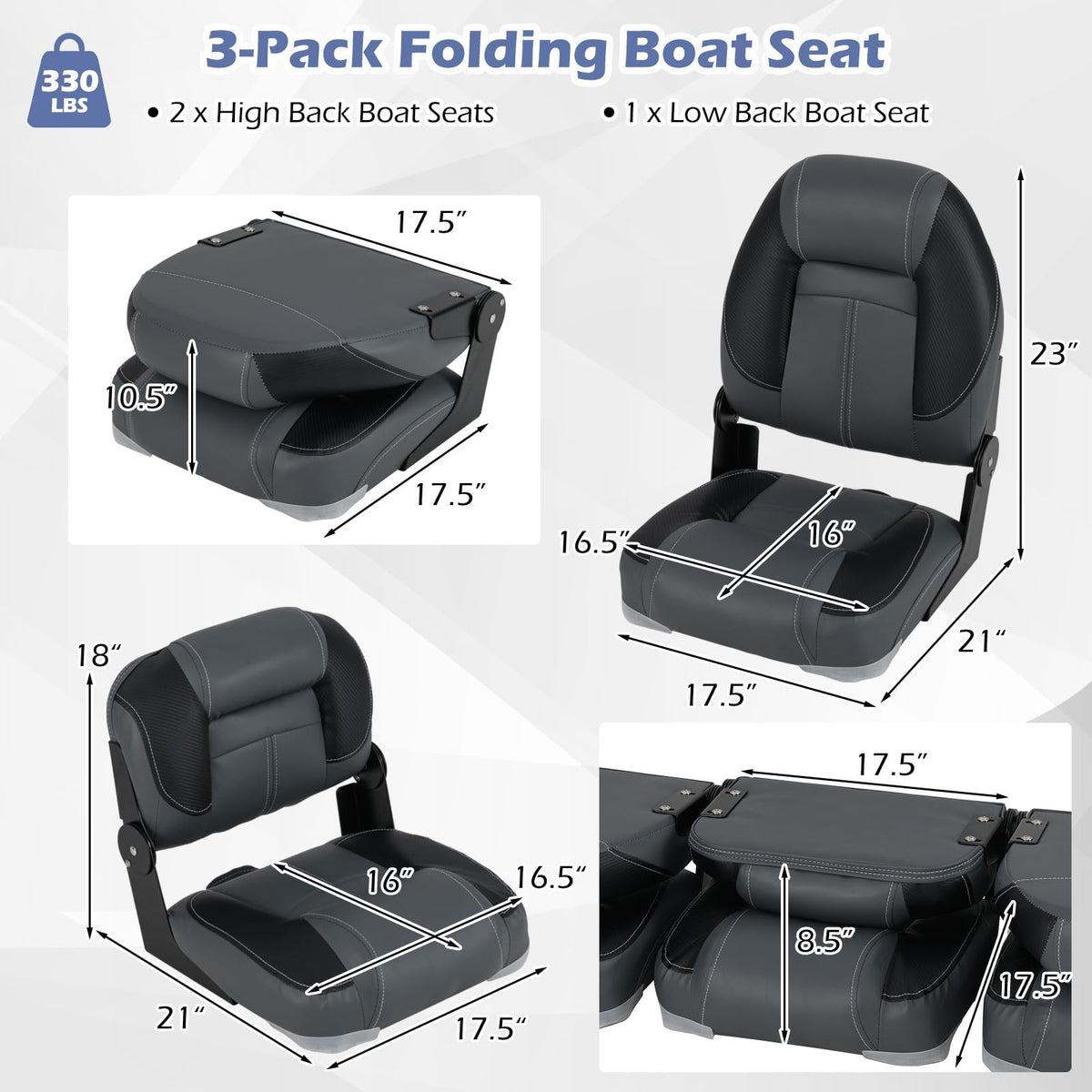 3-Pack Folding Boat Seats with 28D Sponge Padding E868357