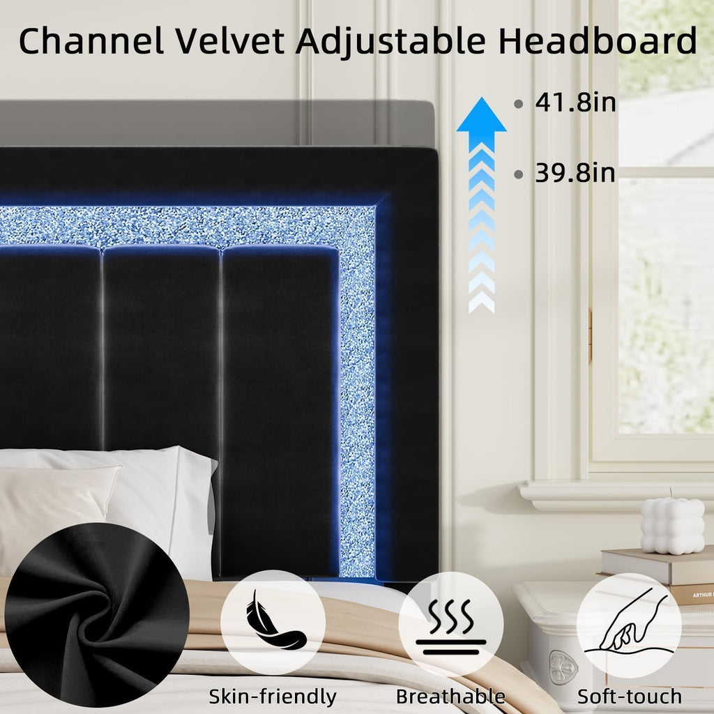 Full Size Velvet Upholstered Bed Frame with LED Lights N515160