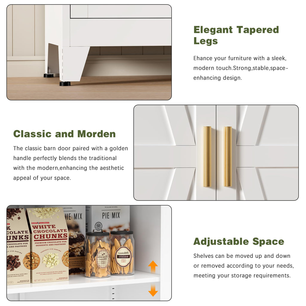 White Farmhouse Storage Kitchen Pantry Cabinet with 2 Barn Door, 3 Adjustable Shelves and Legs T416049