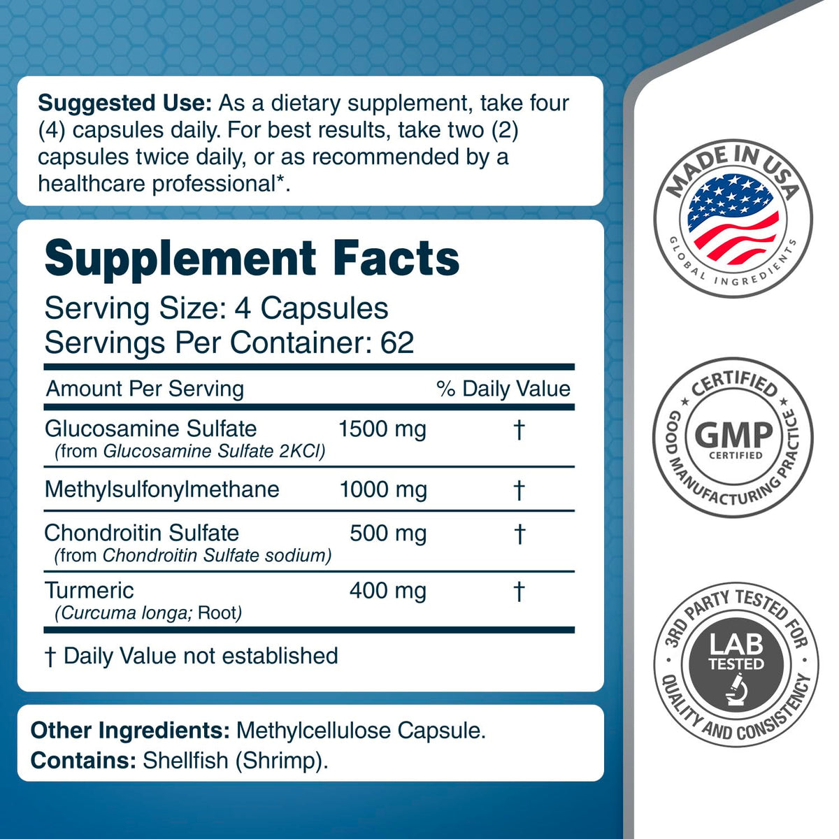 Glucosamine Chondroitin MSM & Turmeric Supplement, 248 Capsules P760