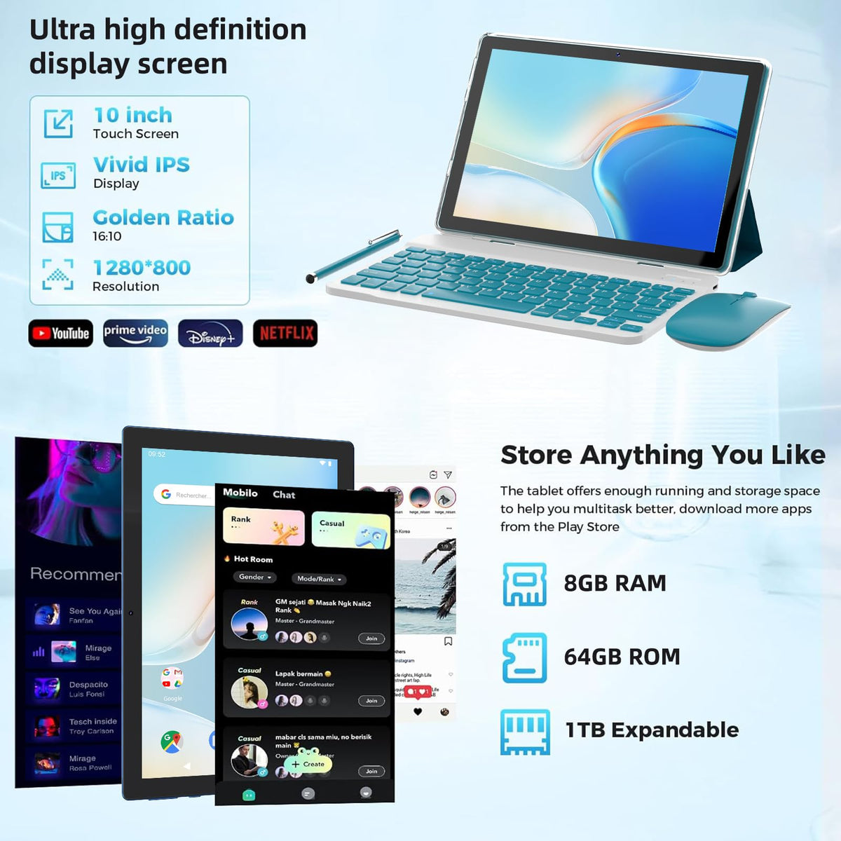 10 Inch Android Tablet with Keyboard Mouse Case Stylus O18025