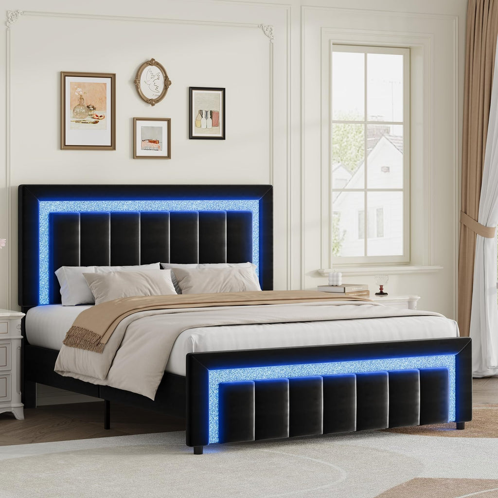 Full Size Velvet Upholstered Bed Frame with LED Lights N515160