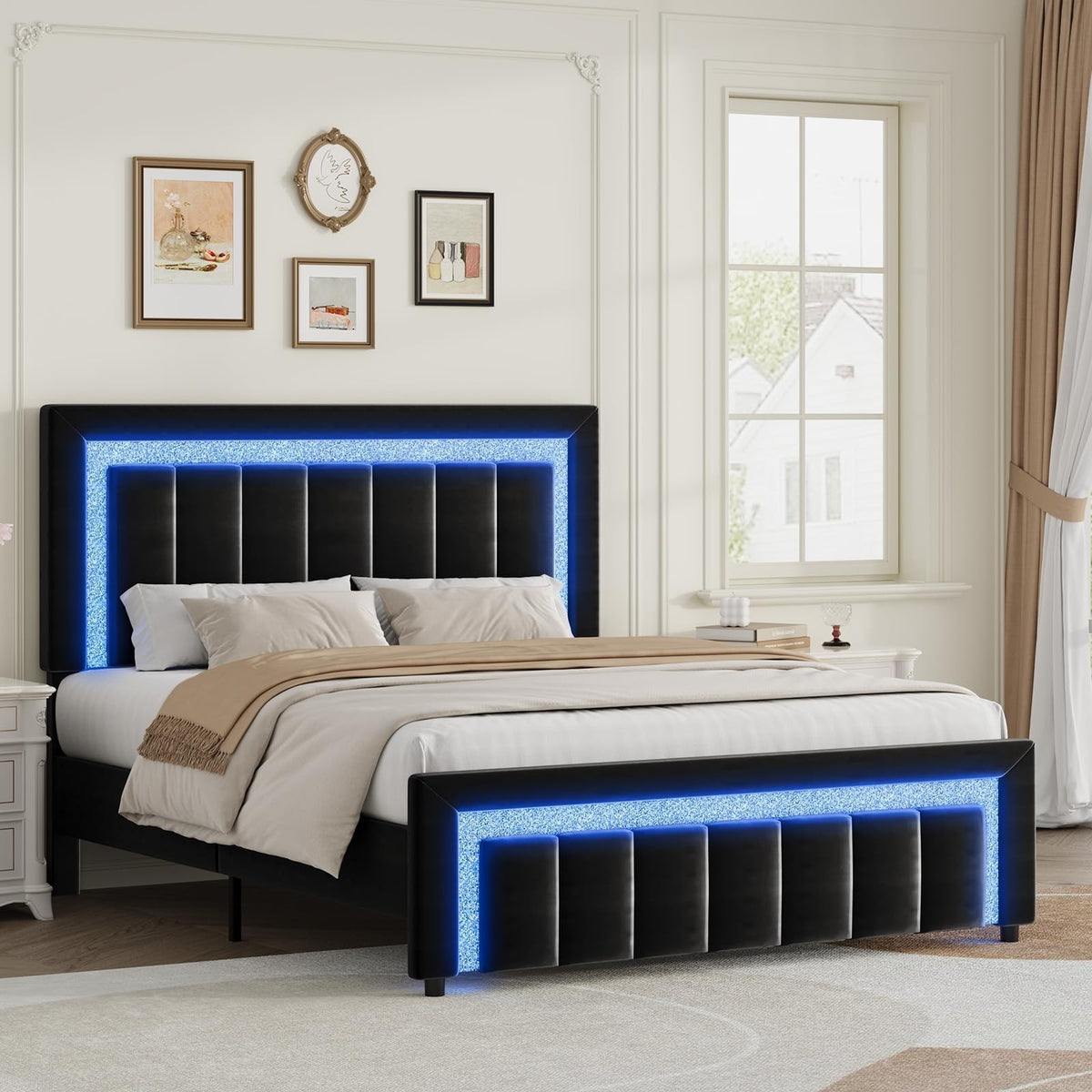 Full Size Velvet Upholstered Bed Frame with LED Lights N515160