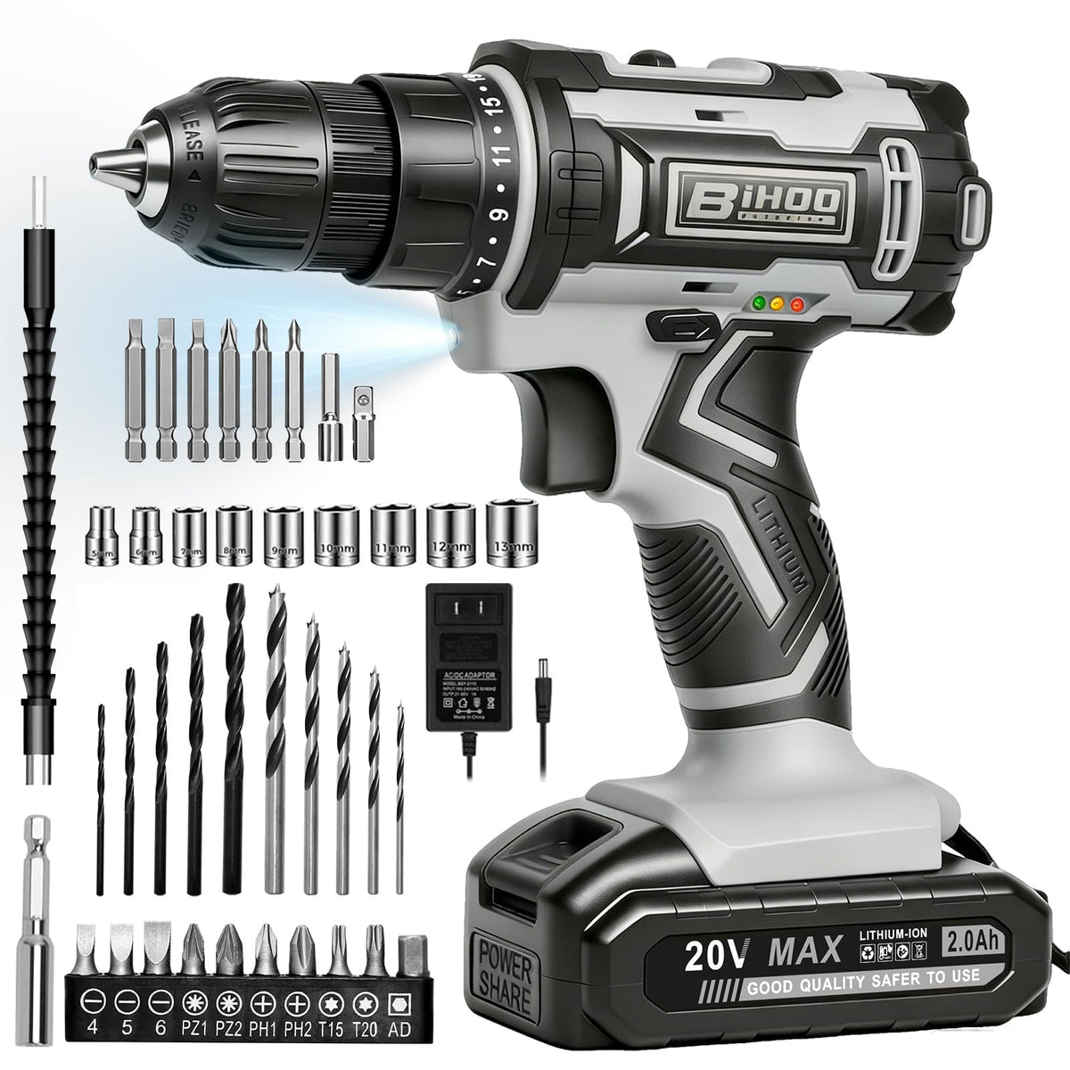 Cordless Drill with 25Nm max, Drill Bits Kit, Gray S12216
