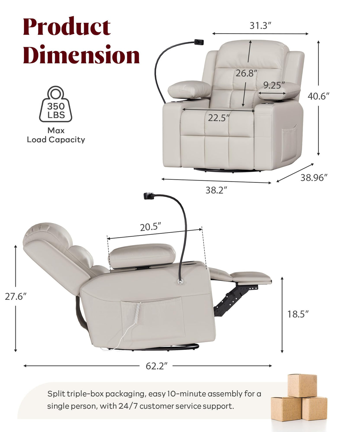 Power Swivel Recliner Chair with Motorized Adjustable Armrests V73987