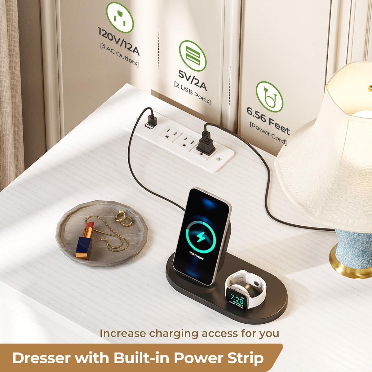 White 9 Drawer Wood Dresser with Charging Station W967596