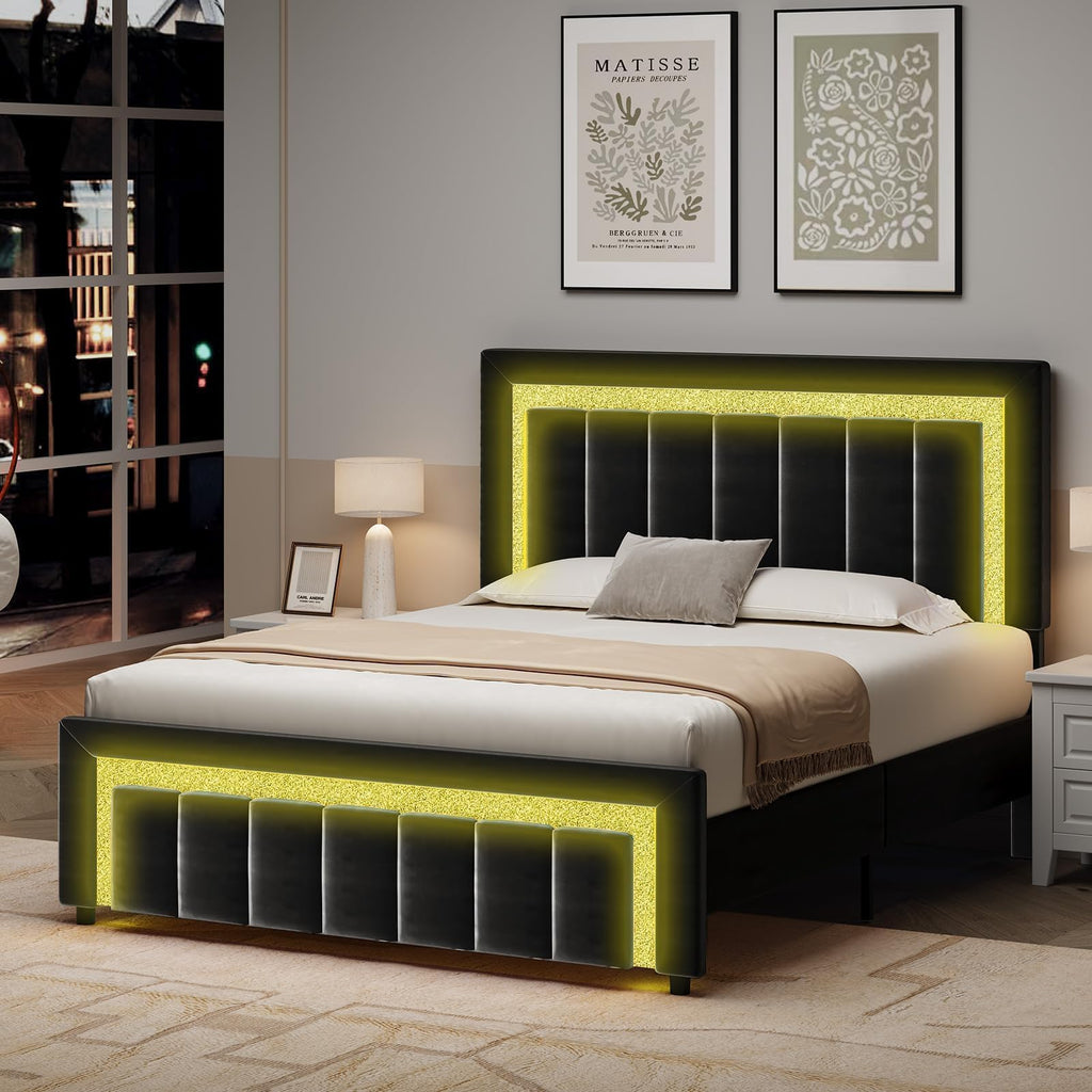 Full Size Velvet Upholstered Bed Frame with LED Lights N515160