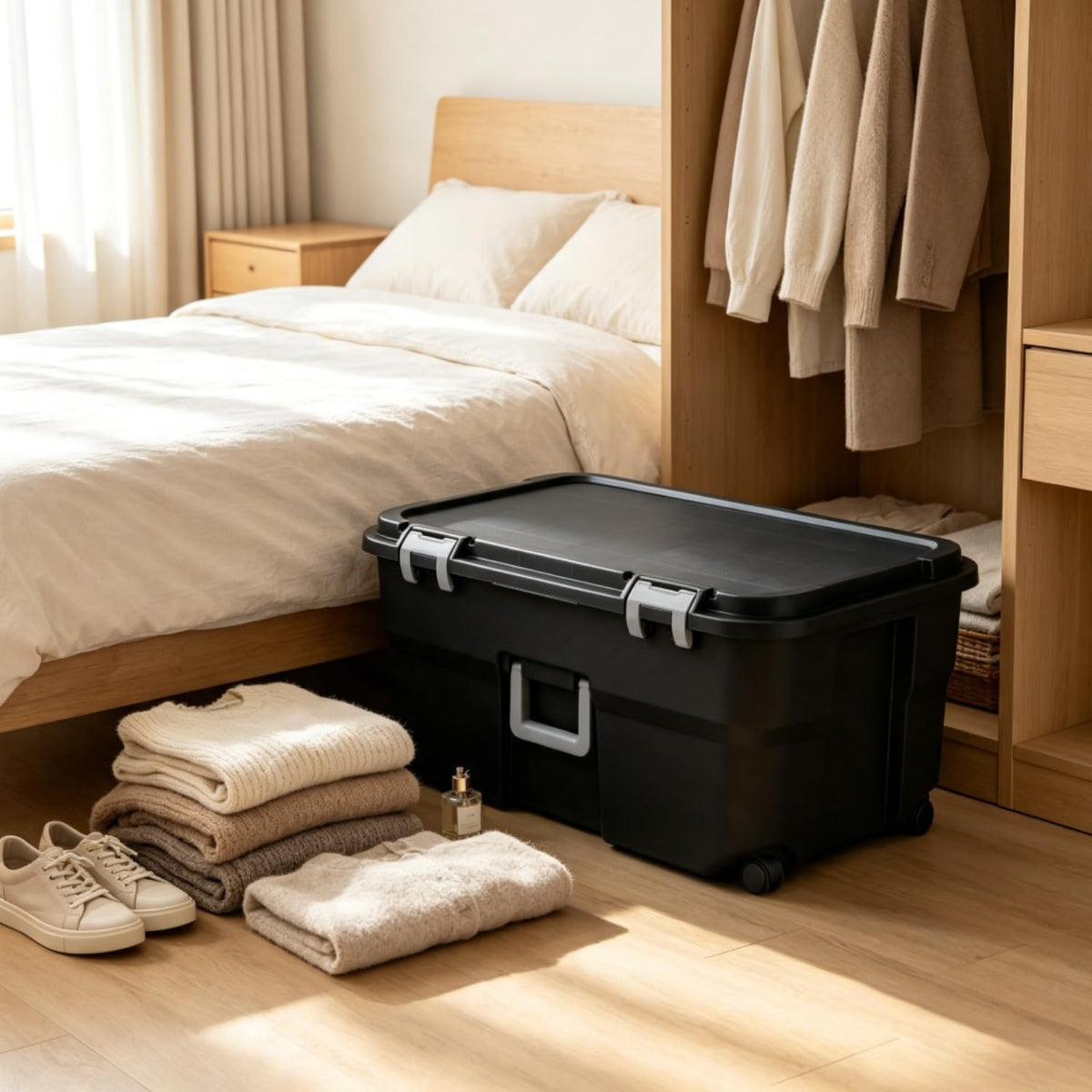 Black Lockable Wheeled Plastic Storage Footlocker O427848
