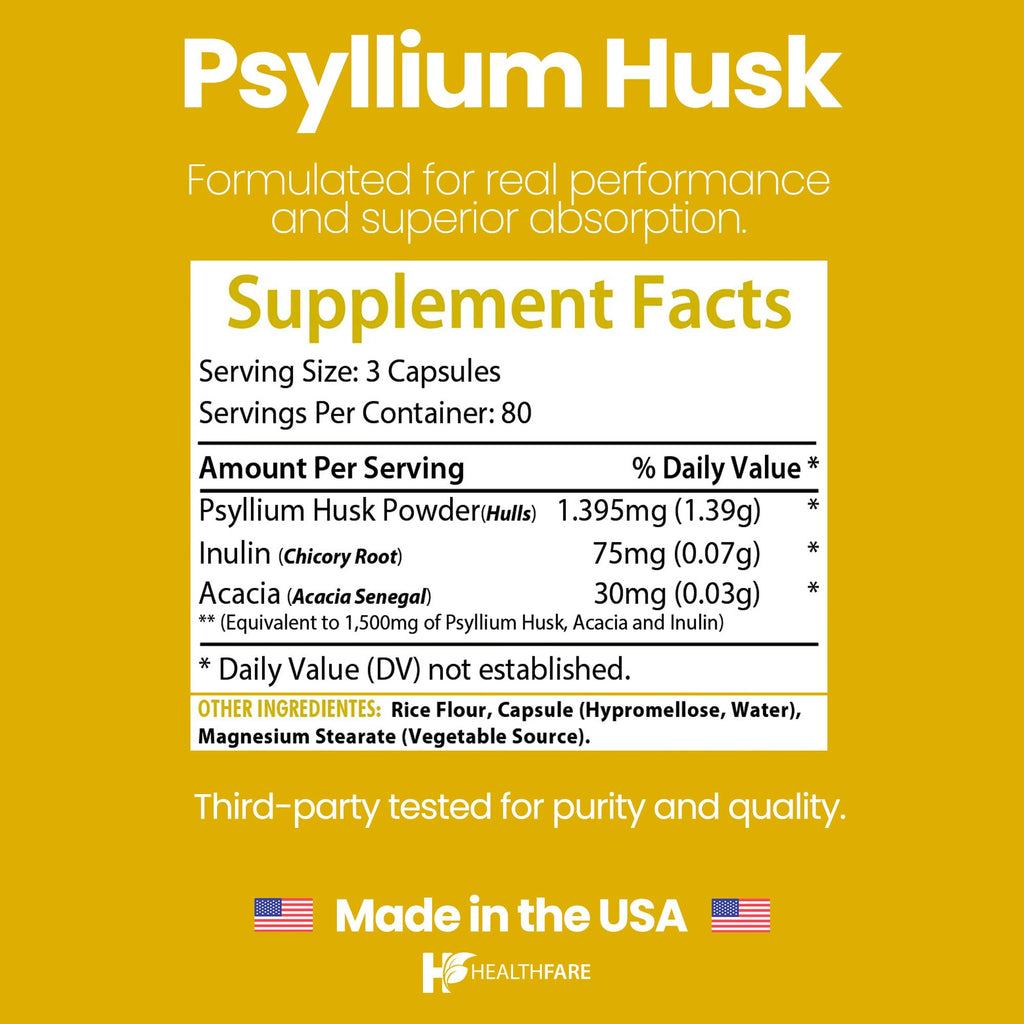 1500mg 240 Vegan Capsules Psyllium Husk Fiber Supplement S7469