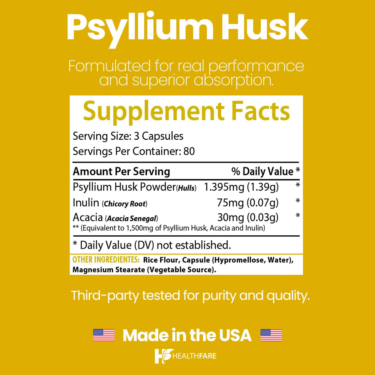 1500mg 240 Vegan Capsules Psyllium Husk Fiber Supplement S7469